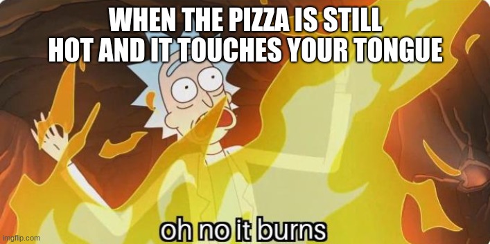 Oh no it burns Rick and Morty | WHEN THE PIZZA IS STILL HOT AND IT TOUCHES YOUR TONGUE | image tagged in oh no it burns rick and morty | made w/ Imgflip meme maker