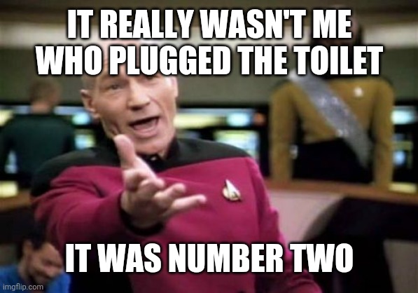 Picard Wtf | IT REALLY WASN'T ME WHO PLUGGED THE TOILET; IT WAS NUMBER TWO | image tagged in memes,picard wtf | made w/ Imgflip meme maker
