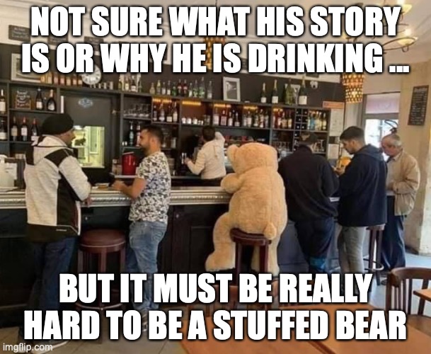 drinking bear | NOT SURE WHAT HIS STORY IS OR WHY HE IS DRINKING ... BUT IT MUST BE REALLY HARD TO BE A STUFFED BEAR | image tagged in teddy bear,drinking,booze,beer,bar | made w/ Imgflip meme maker