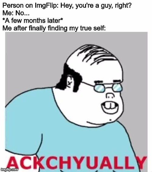 Ackchyually | Person on ImgFlip: Hey, you're a guy, right?
Me: No...

*A few months later*

Me after finally finding my true self: | image tagged in ackchyually,transgender | made w/ Imgflip meme maker