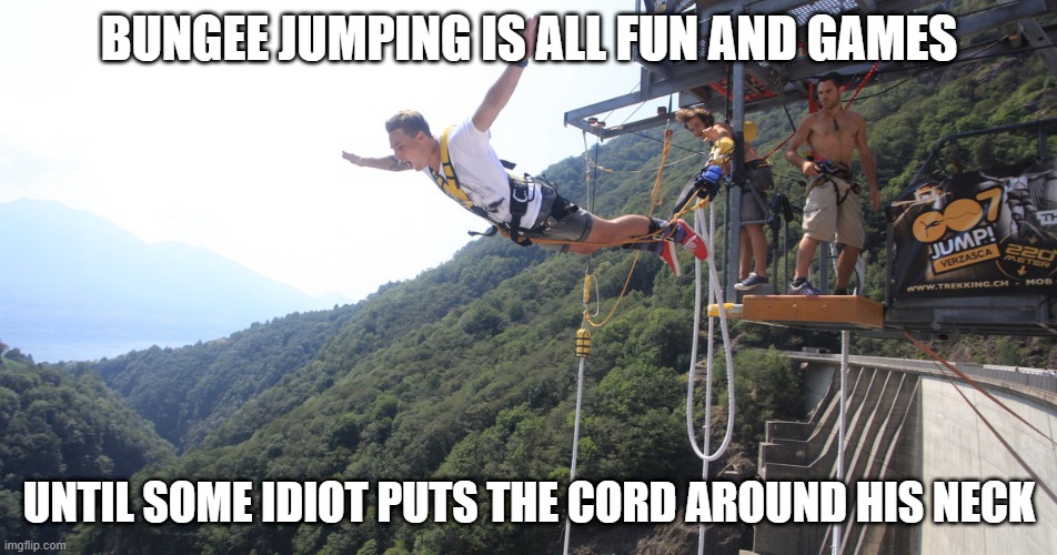 Don't Jump Like That | BUNGEE JUMPING IS ALL FUN AND GAMES; UNTIL SOME IDIOT PUTS THE CORD AROUND HIS NECK | image tagged in bungee jumping | made w/ Imgflip meme maker