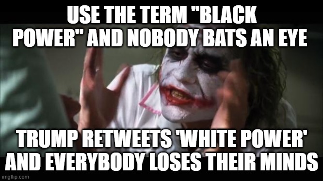 Use The Term "Black Power" And Nobody Bats An Eye; Trump Retweets 'White Power' And Everybody Loses Their Minds | USE THE TERM "BLACK POWER" AND NOBODY BATS AN EYE; TRUMP RETWEETS 'WHITE POWER' AND EVERYBODY LOSES THEIR MINDS | image tagged in memes,and everybody loses their minds | made w/ Imgflip meme maker