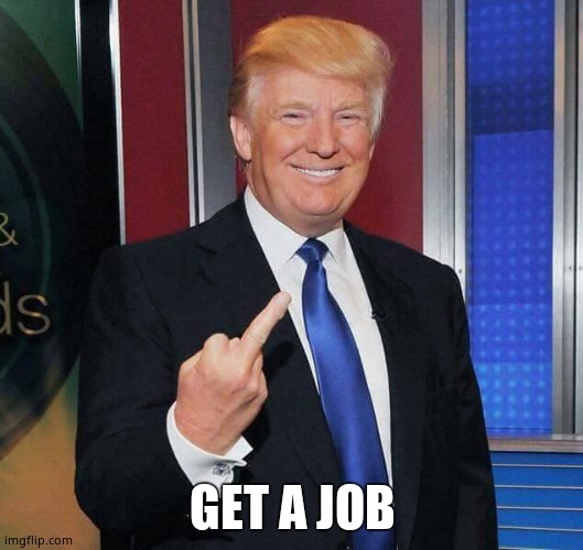 Trump Finger | GET A JOB | image tagged in trump finger | made w/ Imgflip meme maker