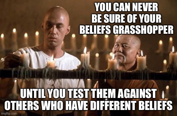 Beliefs | YOU CAN NEVER BE SURE OF YOUR BELIEFS GRASSHOPPER; UNTIL YOU TEST THEM AGAINST OTHERS WHO HAVE DIFFERENT BELIEFS | image tagged in kung fu grasshopper,belief,debate,memes | made w/ Imgflip meme maker