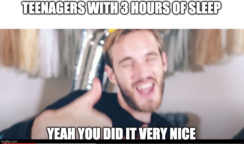 So true. | TEENAGERS WITH 3 HOURS OF SLEEP; YEAH YOU DID IT VERY NICE | image tagged in pewdiepie,sleep,teens,i cant think of anything | made w/ Imgflip meme maker