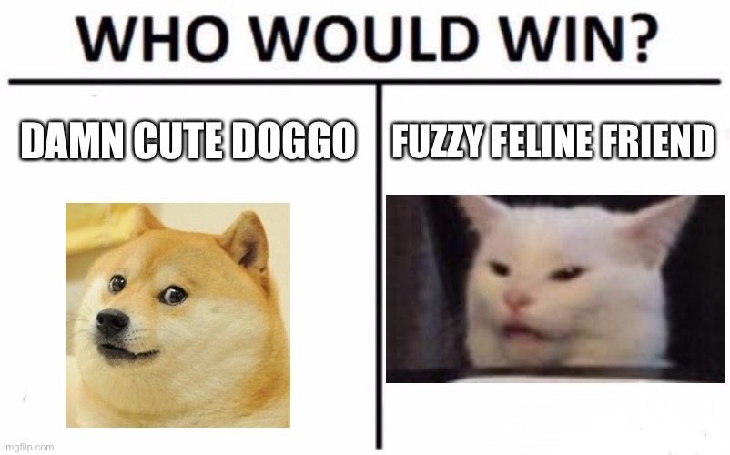 Dogs or Cats? | DAMN CUTE DOGGO; FUZZY FELINE FRIEND | image tagged in memes,who would win | made w/ Imgflip meme maker