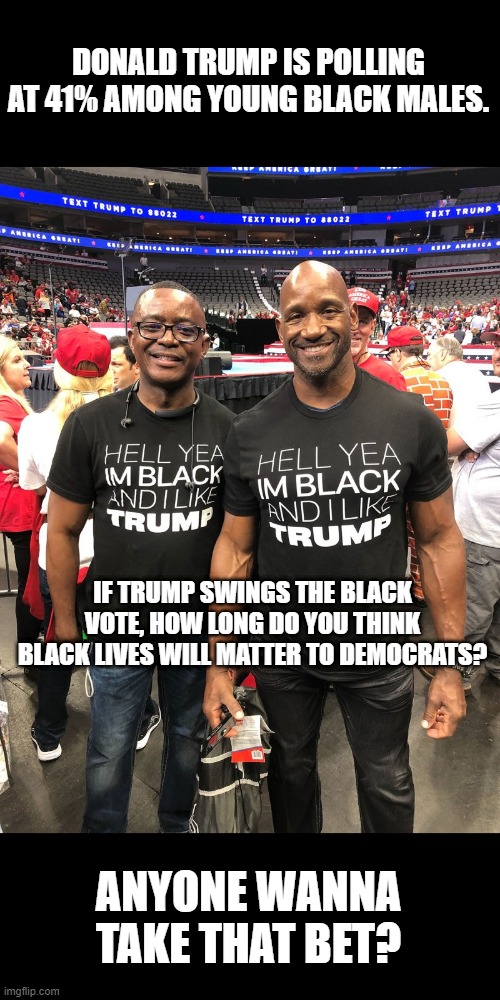 It will be interesting to see... | DONALD TRUMP IS POLLING AT 41% AMONG YOUNG BLACK MALES. IF TRUMP SWINGS THE BLACK VOTE, HOW LONG DO YOU THINK BLACK LIVES WILL MATTER TO DEMOCRATS? ANYONE WANNA TAKE THAT BET? | image tagged in blacks for trump,democratic hypocrisy,drain the swamp,do black lives matter to democrats,really | made w/ Imgflip meme maker