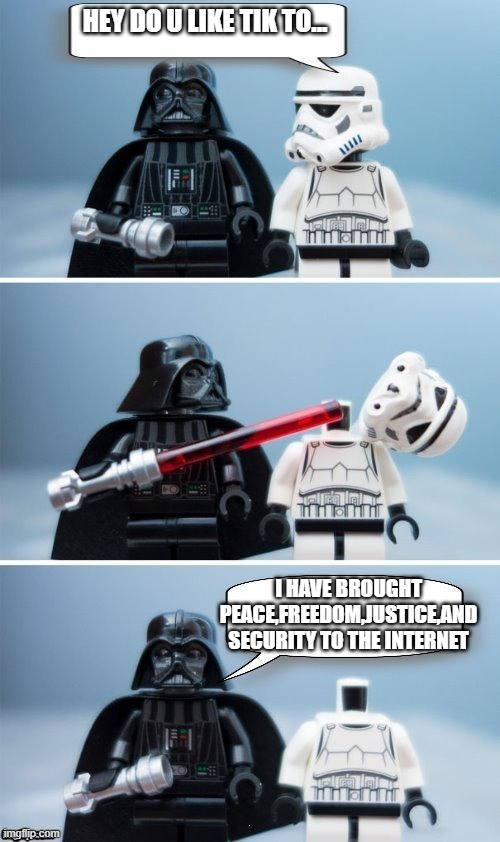 Lego Vader Kills Stormtrooper by giveuahint | HEY DO U LIKE TIK TO... I HAVE BROUGHT PEACE,FREEDOM,JUSTICE,AND SECURITY TO THE INTERNET | image tagged in lego vader kills stormtrooper by giveuahint | made w/ Imgflip meme maker