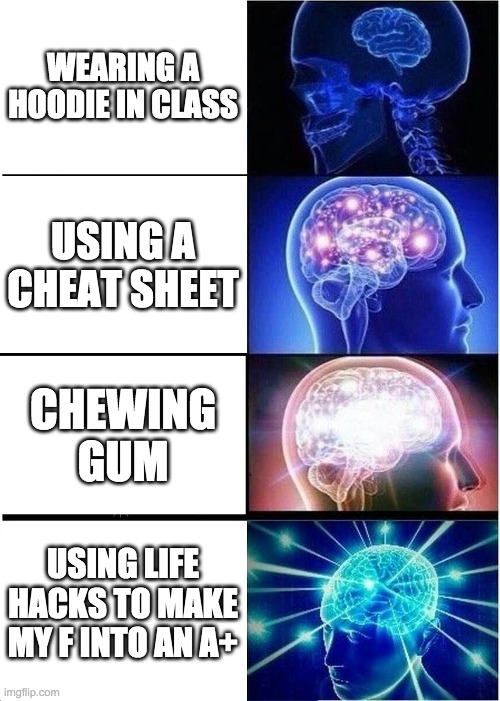 Expanding Brain | WEARING A HOODIE IN CLASS; USING A CHEAT SHEET; CHEWING GUM; USING LIFE HACKS TO MAKE MY F INTO AN A+ | image tagged in memes,expanding brain | made w/ Imgflip meme maker