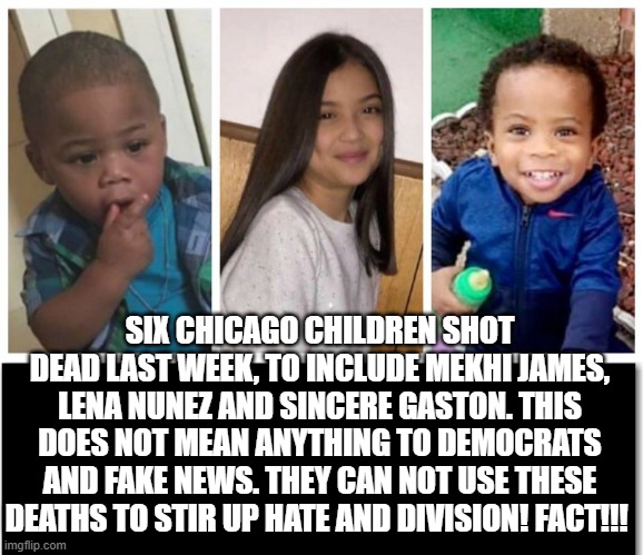 Do These Innocent Black Lives Matter to Democrats?  Of Course Not!!   Does Not meet Their Narrative in a Democrat City! | SIX CHICAGO CHILDREN SHOT DEAD LAST WEEK, TO INCLUDE MEKHI JAMES, LENA NUNEZ AND SINCERE GASTON. THIS DOES NOT MEAN ANYTHING TO DEMOCRATS AND FAKE NEWS. THEY CAN NOT USE THESE DEATHS TO STIR UP HATE AND DIVISION! FACT!!! | image tagged in stupid liberals,democrats,blm | made w/ Imgflip meme maker