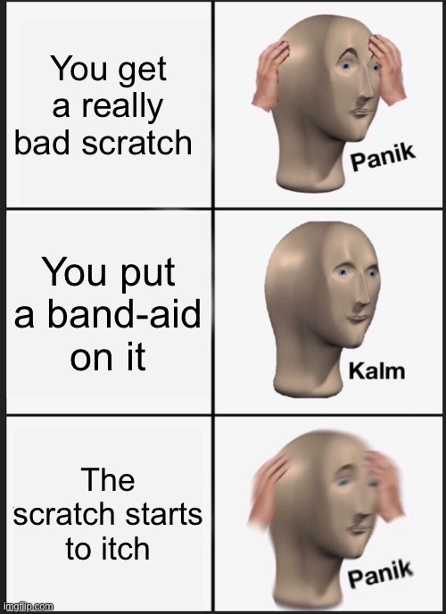 Everyone knows the feeling | You get a really bad scratch; You put a band-aid on it; The scratch starts to itch | image tagged in memes,panik kalm panik | made w/ Imgflip meme maker