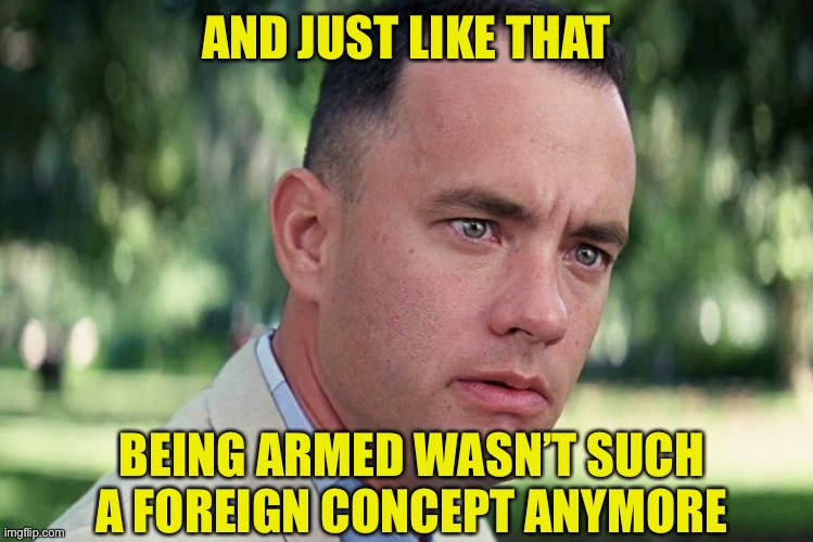 It Happens | AND JUST LIKE THAT; BEING ARMED WASN’T SUCH A FOREIGN CONCEPT ANYMORE | image tagged in forrest gump,2a,bear arms,protests,riots,crime | made w/ Imgflip meme maker