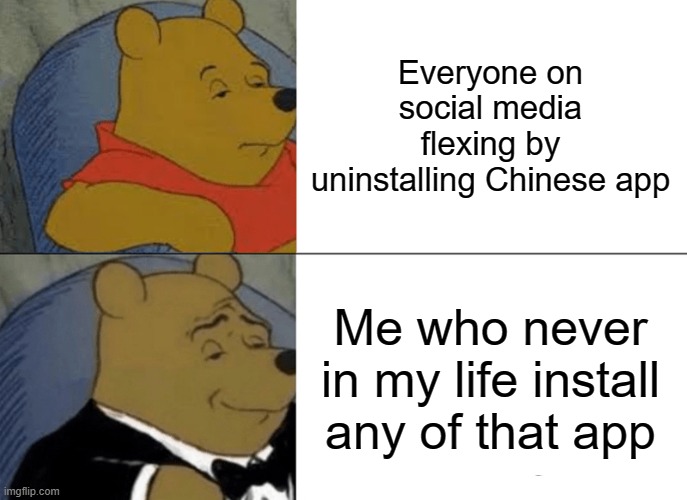 Chinese app boycott in India | Everyone on social media flexing by uninstalling Chinese app; Me who never in my life install any of that app | image tagged in memes,tuxedo winnie the pooh | made w/ Imgflip meme maker