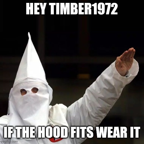 KKK | HEY TIMBER1972; IF THE HOOD FITS WEAR IT | image tagged in kkk | made w/ Imgflip meme maker