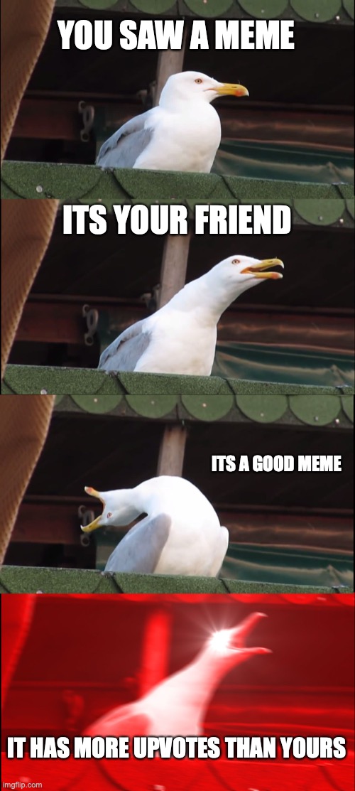 Inhaling Seagull | YOU SAW A MEME; ITS YOUR FRIEND; ITS A GOOD MEME; IT HAS MORE UPVOTES THAN YOURS | image tagged in memes,inhaling seagull | made w/ Imgflip meme maker