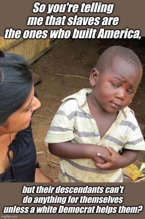 Why yes, because the Pilgrims were busy trying to invent professional sports | So you're telling me that slaves are the ones who built America, but their descendants can't do anything for themselves unless a white Democrat helps them? | image tagged in memes,third world skeptical kid | made w/ Imgflip meme maker