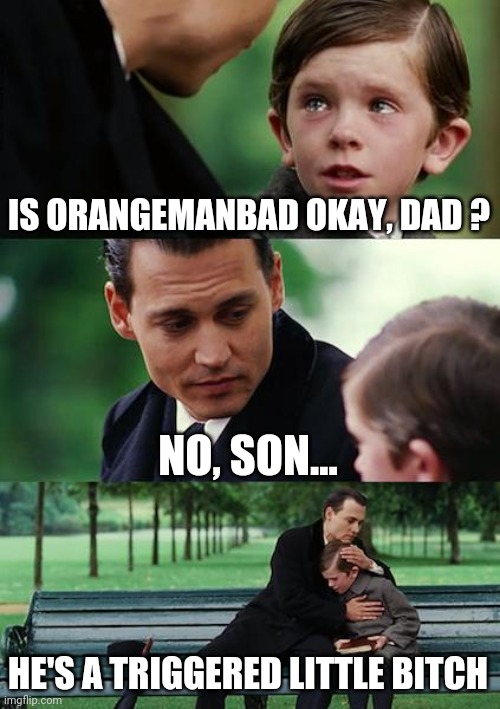 Finding Neverland Meme | IS ORANGEMANBAD OKAY, DAD ? NO, SON... HE'S A TRIGGERED LITTLE BITCH | image tagged in memes,finding neverland | made w/ Imgflip meme maker