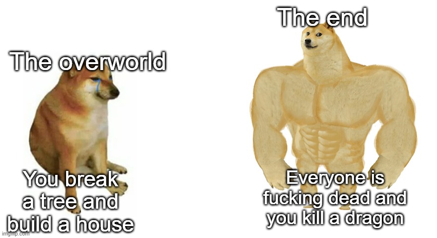Haha dragon go brrrrr | The end; The overworld; Everyone is fucking dead and you kill a dragon; You break a tree and build a house | image tagged in swole doge vs cheems flipped | made w/ Imgflip meme maker