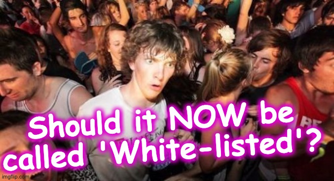 Sudden Clarity Clarence Meme | Should it NOW be called 'White-listed'? | image tagged in memes,sudden clarity clarence | made w/ Imgflip meme maker