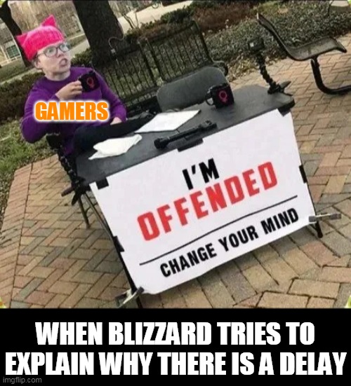 i'M oFFeNdED | GAMERS; WHEN BLIZZARD TRIES TO EXPLAIN WHY THERE IS A DELAY | image tagged in diablo immortal,gaming,video games | made w/ Imgflip meme maker