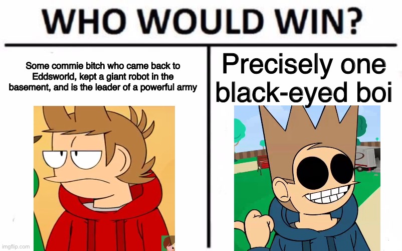 Well? | Some commie bitch who came back to Eddsworld, kept a giant robot in the basement, and is the leader of a powerful army; Precisely one black-eyed boi | image tagged in memes,who would win,eddsworld | made w/ Imgflip meme maker