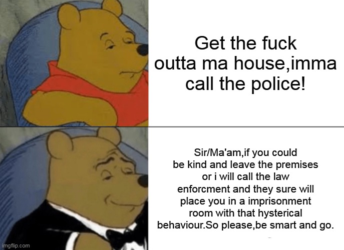 Tuxedo Winnie The Pooh Meme | Get the fuck outta ma house,imma call the police! Sir/Ma'am,if you could be kind and leave the premises
or i will call the law enforcment and they sure will place you in a imprisonment room with that hysterical
behaviour.So please,be smart and go. | image tagged in memes,tuxedo winnie the pooh | made w/ Imgflip meme maker