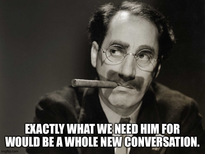 Thoughtful Groucho | EXACTLY WHAT WE NEED HIM FOR WOULD BE A WHOLE NEW CONVERSATION. | image tagged in thoughtful groucho | made w/ Imgflip meme maker