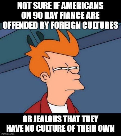 90 Day Fiance: American Culture | NOT SURE IF AMERICANS ON 90 DAY FIANCE ARE OFFENDED BY FOREIGN CULTURES; OR JEALOUS THAT THEY HAVE NO CULTURE OF THEIR OWN | image tagged in futurama fry,90 day fiance,americans,culture,reality tv,funny memes | made w/ Imgflip meme maker