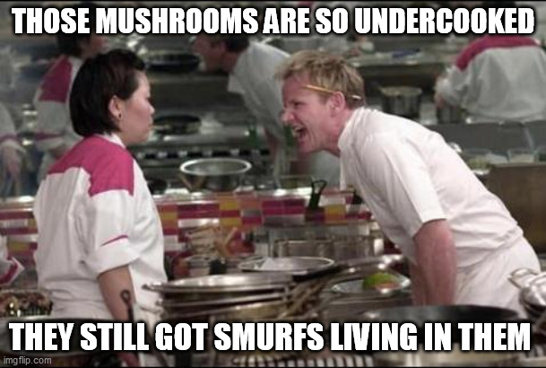 those mushrooms are so undercooked | THOSE MUSHROOMS ARE SO UNDERCOOKED; THEY STILL GOT SMURFS LIVING IN THEM | image tagged in memes,angry chef gordon ramsay,smurfs,those mushrooms are so undercooked | made w/ Imgflip meme maker