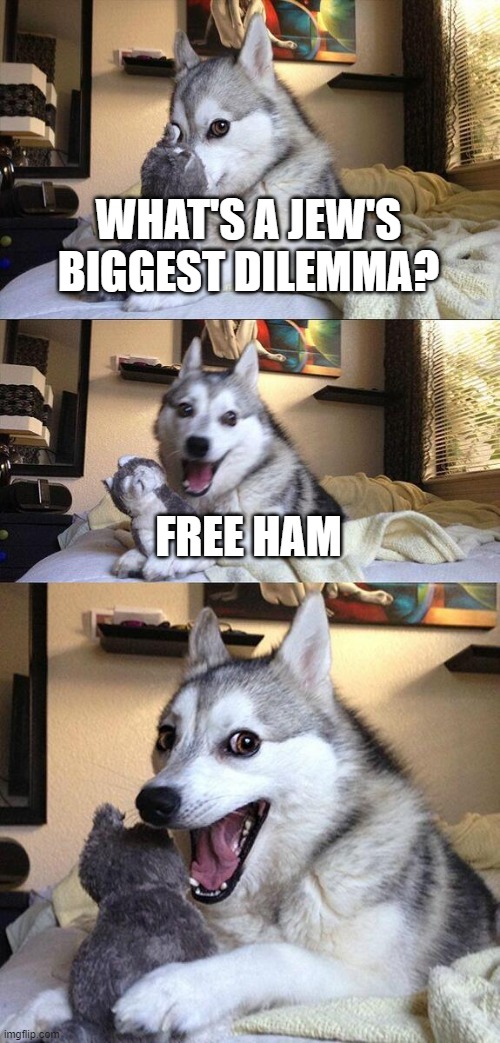 Bad Pun Dog Meme | WHAT'S A JEW'S BIGGEST DILEMMA? FREE HAM | image tagged in memes,bad pun dog,jews,ham,jew,politically incorrect | made w/ Imgflip meme maker