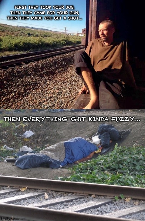 Unemployed | FIRST THEY TOOK YOUR JOB,
THEN THEY CAME FOR YOUR GUN,
THEN THEY MADE YOU GET A SHOT…; THEN EVERYTHING GOT KINDA FUZZY… | image tagged in hobo in a boxcar / homeless in a ditch | made w/ Imgflip meme maker