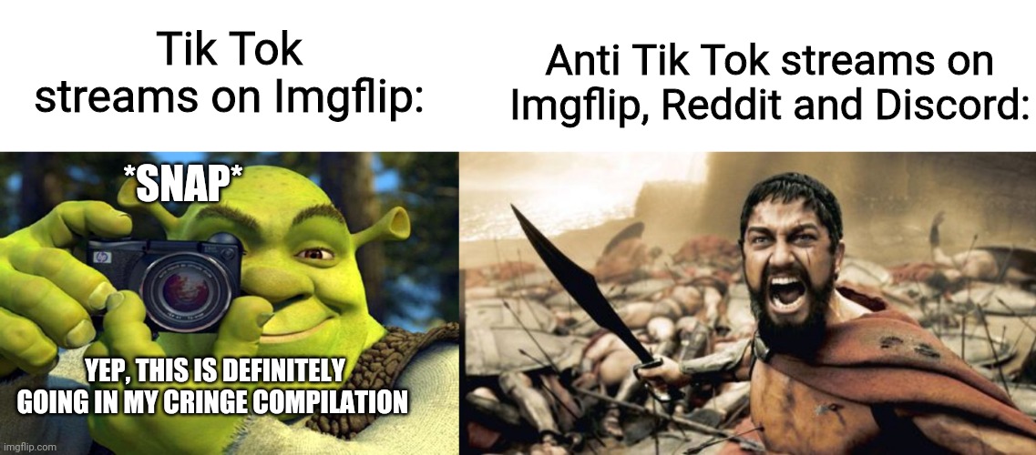 We must win this war against cringe! | Tik Tok streams on Imgflip:; Anti Tik Tok streams on Imgflip, Reddit and Discord:; *SNAP*; YEP, THIS IS DEFINITELY GOING IN MY CRINGE COMPILATION | image tagged in memes,sparta leonidas,shrek cringe compilation | made w/ Imgflip meme maker