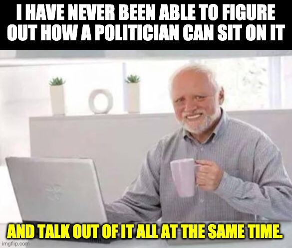 Harold | I HAVE NEVER BEEN ABLE TO FIGURE OUT HOW A POLITICIAN CAN SIT ON IT; AND TALK OUT OF IT ALL AT THE SAME TIME. | image tagged in harold | made w/ Imgflip meme maker