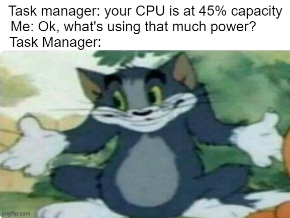 Task manager: your CPU is at 45% capacity
Me: Ok, what's using that much power?      
Task Manager: | image tagged in memes,relatable | made w/ Imgflip meme maker