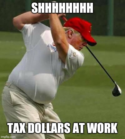 trump golf gut | SHHHHHHHH; TAX DOLLARS AT WORK | image tagged in trump golf gut | made w/ Imgflip meme maker