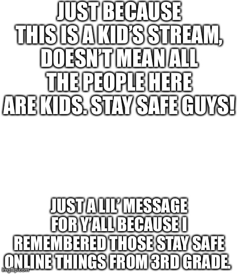 Blank White Template | JUST BECAUSE THIS IS A KID’S STREAM, DOESN’T MEAN ALL THE PEOPLE HERE ARE KIDS. STAY SAFE GUYS! JUST A LIL’ MESSAGE FOR Y’ALL BECAUSE I REMEMBERED THOSE STAY SAFE ONLINE THINGS FROM 3RD GRADE. | image tagged in blank white template | made w/ Imgflip meme maker