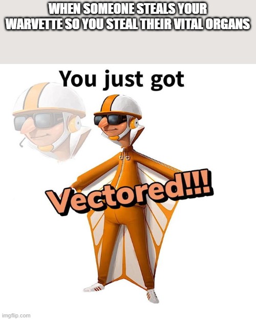 You just got Vectored | WHEN SOMEONE STEALS YOUR WARVETTE SO YOU STEAL THEIR VITAL ORGANS | image tagged in you just got vectored | made w/ Imgflip meme maker