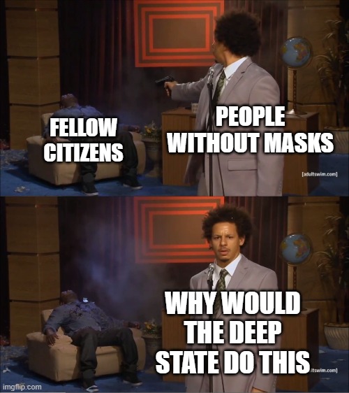 no mask no bueno | PEOPLE WITHOUT MASKS; FELLOW CITIZENS; WHY WOULD THE DEEP STATE DO THIS | image tagged in memes,who killed hannibal | made w/ Imgflip meme maker