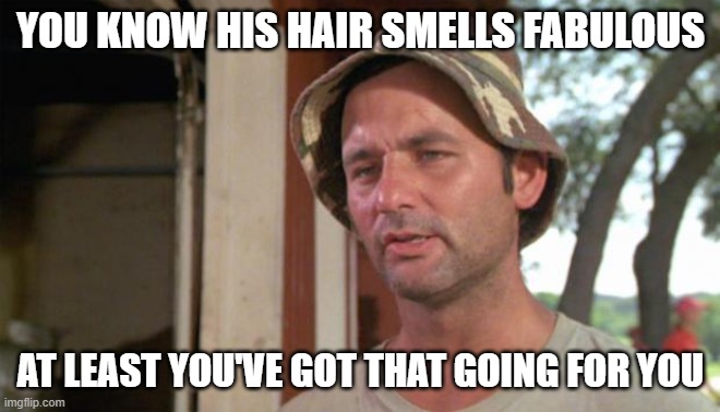 At least I've got that going for me | YOU KNOW HIS HAIR SMELLS FABULOUS AT LEAST YOU'VE GOT THAT GOING FOR YOU | image tagged in at least i've got that going for me | made w/ Imgflip meme maker