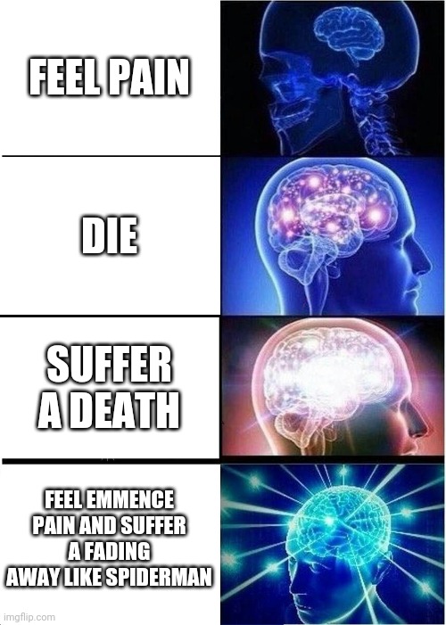 Expanding Brain Meme | FEEL PAIN; DIE; SUFFER A DEATH; FEEL EMMENCE PAIN AND SUFFER A FADING AWAY LIKE SPIDERMAN | image tagged in memes,expanding brain | made w/ Imgflip meme maker
