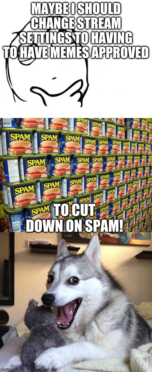 Only people in this stream get itXD | MAYBE I SHOULD CHANGE STREAM SETTINGS TO HAVING TO HAVE MEMES APPROVED; TO CUT DOWN ON SPAM! | image tagged in spam delicous,memes,bad pun dog,hmmm | made w/ Imgflip meme maker