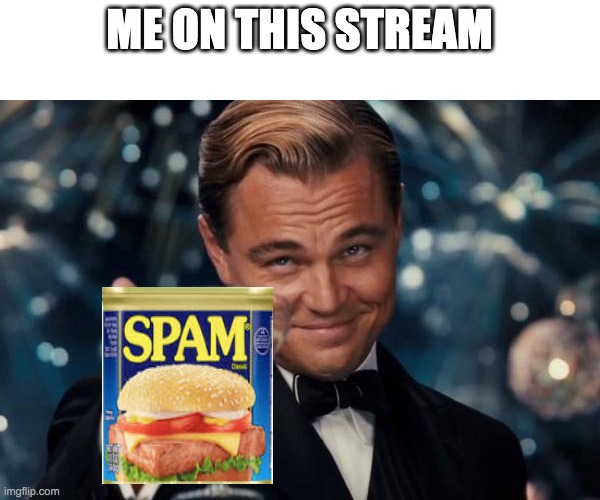Would ya like some spam? | ME ON THIS STREAM | image tagged in memes,leonardo dicaprio cheers | made w/ Imgflip meme maker