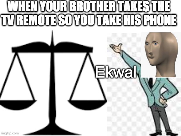Equal punishments for all! | WHEN YOUR BROTHER TAKES THE TV REMOTE SO YOU TAKE HIS PHONE; Ekwal | image tagged in meme man | made w/ Imgflip meme maker