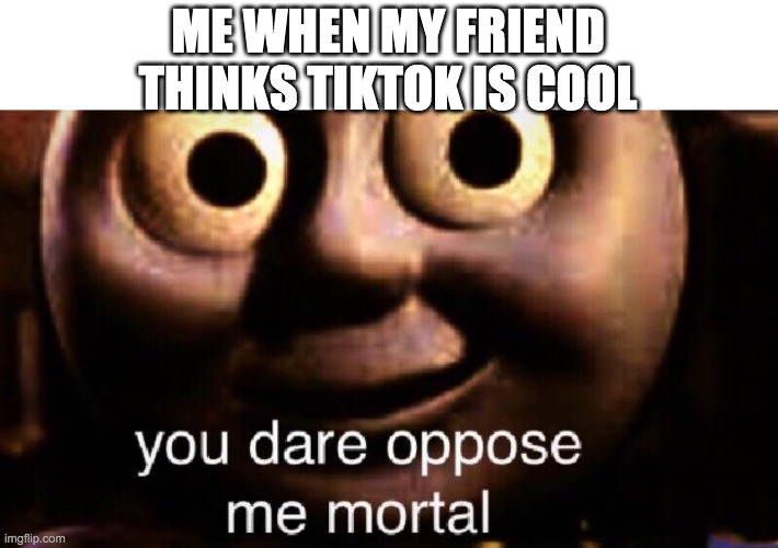 Why, friend, Why? | ME WHEN MY FRIEND THINKS TIKTOK IS COOL | image tagged in you dare oppose me mortal | made w/ Imgflip meme maker