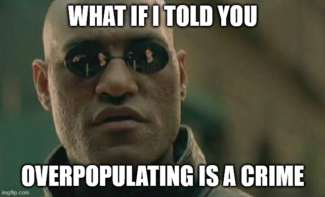 Matrix Morpheus | WHAT IF I TOLD YOU; OVERPOPULATING IS A CRIME | image tagged in memes,matrix morpheus | made w/ Imgflip meme maker