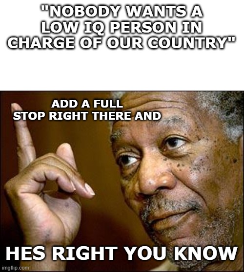 This Morgan Freeman | "NOBODY WANTS A LOW IQ PERSON IN CHARGE OF OUR COUNTRY" HES RIGHT YOU KNOW ADD A FULL STOP RIGHT THERE AND | image tagged in this morgan freeman | made w/ Imgflip meme maker