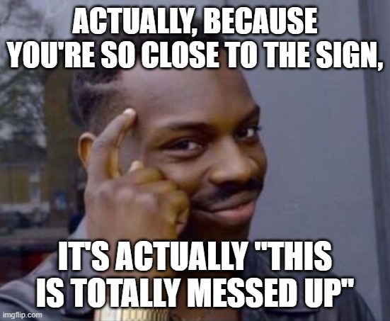 black guy pointing at head | ACTUALLY, BECAUSE YOU'RE SO CLOSE TO THE SIGN, IT'S ACTUALLY "THIS IS TOTALLY MESSED UP" | image tagged in black guy pointing at head | made w/ Imgflip meme maker