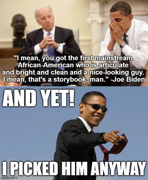 Why did Obama pick him as VP? And why did African-American voters overwhelmingly favor him in the primaries? I dunno man! | image tagged in cringe worthy,cringe,politics lol,political humor,joe biden,cool obama | made w/ Imgflip meme maker