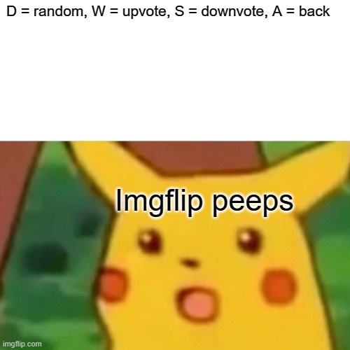 Surprised Pikachu | D = random, W = upvote, S = downvote, A = back; Imgflip peeps | image tagged in memes,surprised pikachu | made w/ Imgflip meme maker