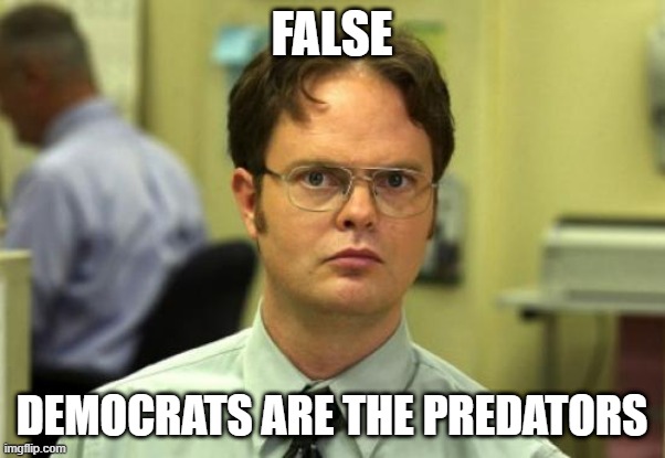 Dwight Schrute Meme | FALSE DEMOCRATS ARE THE PREDATORS | image tagged in memes,dwight schrute | made w/ Imgflip meme maker